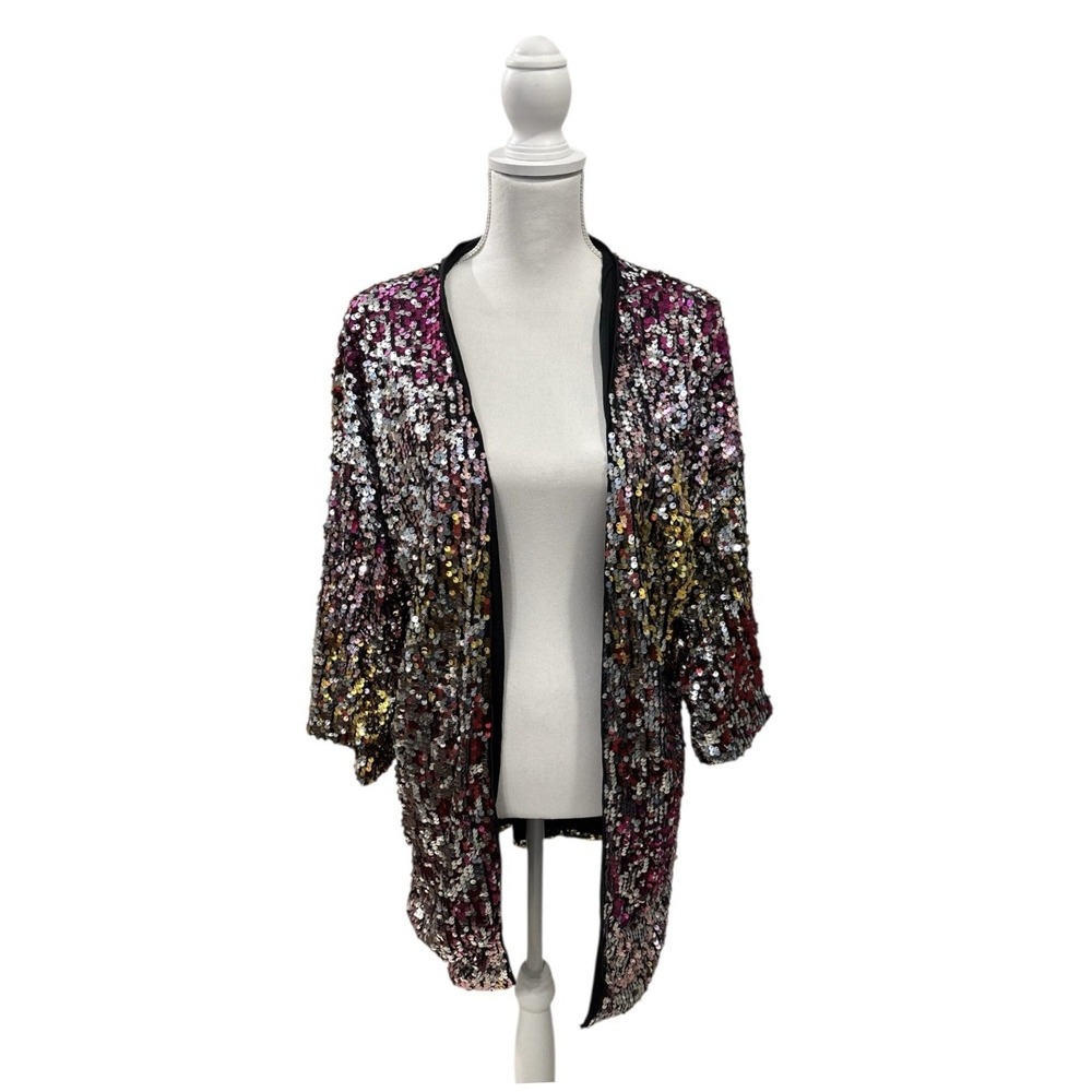 NWT Sequin Kimono Duster Jacket Sz S Multicolor Iridescent‎ Open Front Boho Chic